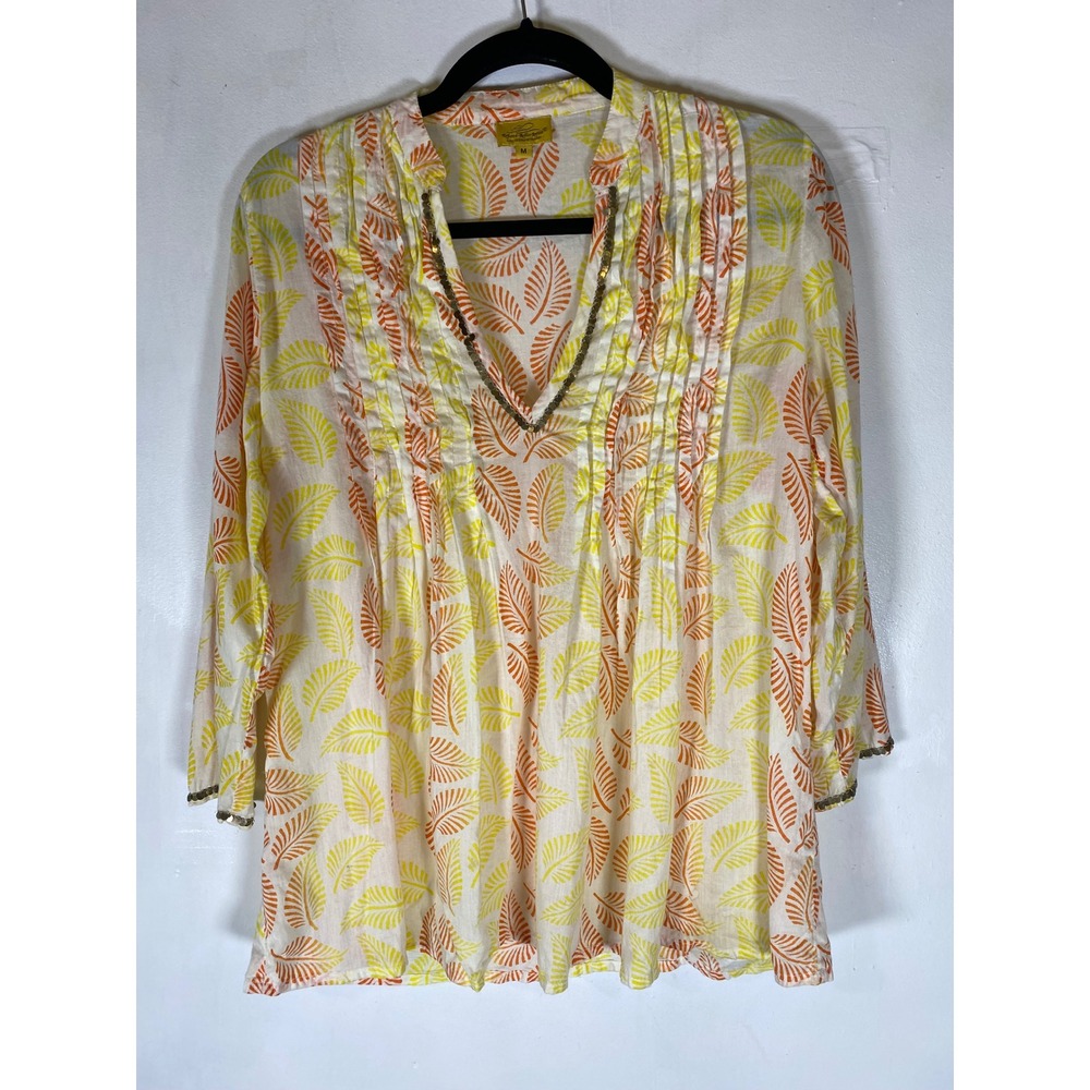 Roberta Roller Rabbit Medium 100% Cotton Leaf Print Sequin V Neck Boho Tunic Top